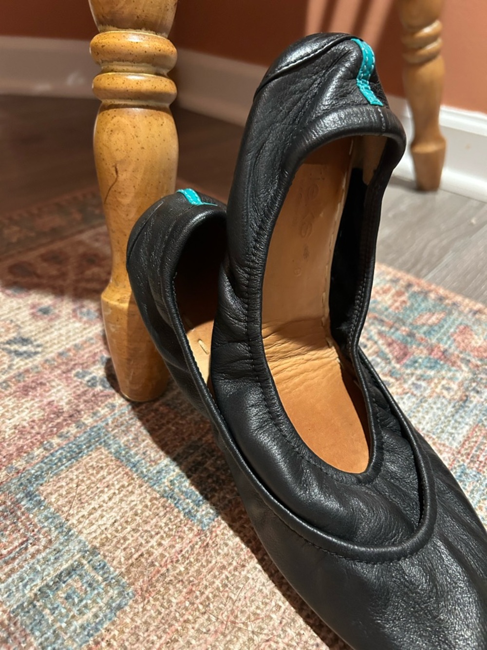 Tieks Black Leather Flats with Teal Accent Tabs - Picture 4 of 4